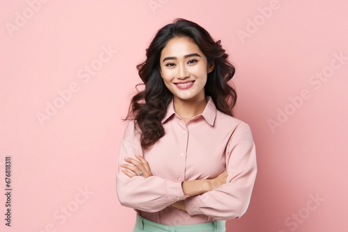 photo portrait of young asia lady with positive expression, arms crossed, smile broadly, dressed in casual clothing, generative ai © Nia™