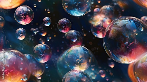 a bunch of soap bubbles floating in the air on a blue and pink background with bubbles floating in the air. generative ai