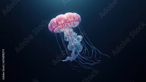  a pink jellyfish floating in the water with a full moon in the sky in the back ground of the photo. generative ai