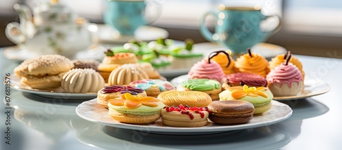 In the isolated white bakery a colorful display of desserts catches the eye with a green tea cake yellow pastries and creamy sugar cookies forming a delicious circle of color amidst the arom photo