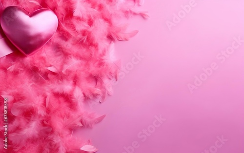 Doll style pink valentines day background with feathers and a silky heart, top view, over the shoulder, copy space at the right. AI Generative