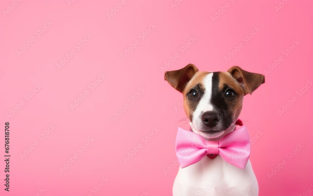 Happy puppy with a pink bow tie isolated on warm pink background, copy space at the left. AI Generative.