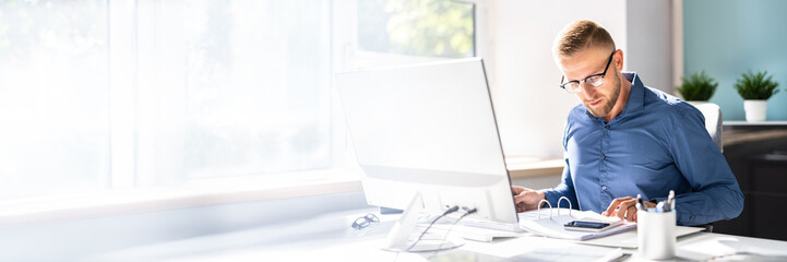 Accounting Bookkeeper Clerk Man. Bank Advisor