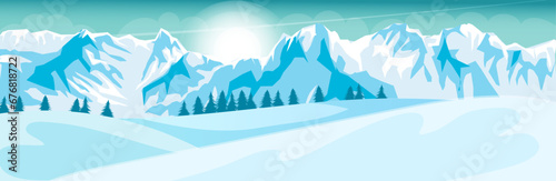 Picturesque snowy mountain landscape with high peak and steep rock. Outdoor winter tourism activity. Perfect slope for skiing. Adventure climbing and travelling. Pine forest. Vector illustration