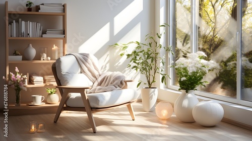 Serene Reading Oasis: Sunlit Therapy Space with Plants and a Bookshelf
