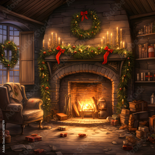 Warm cozy fireplace with real wood burning in it. Cozy winter concept