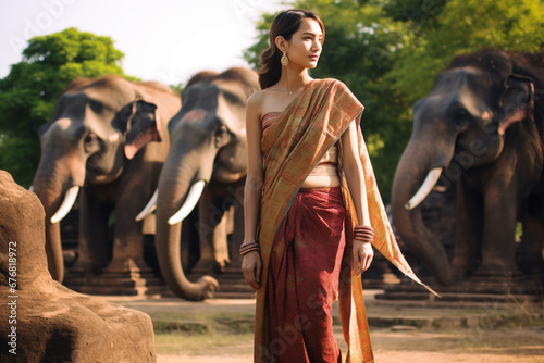 Asian model wearing traditional Thai clothing travels in an ancient Thai city. You can use it in your advertising or other high quality prints. photo