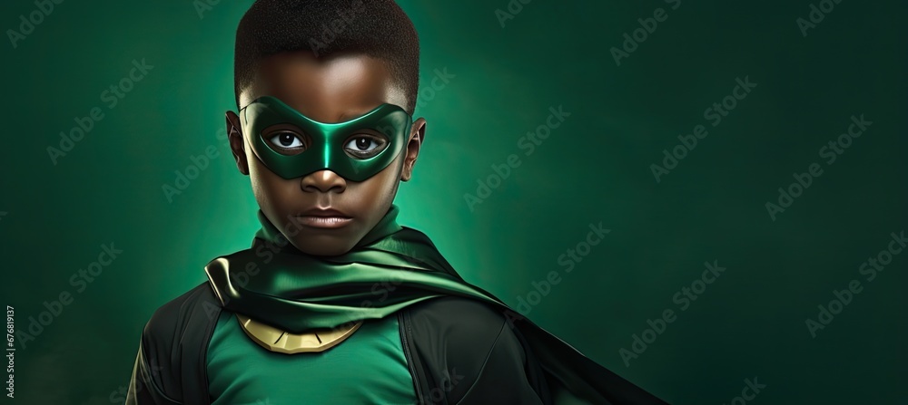 Cute and happy child in a green superhero costume. Cute and happy child in a green superhero costume.