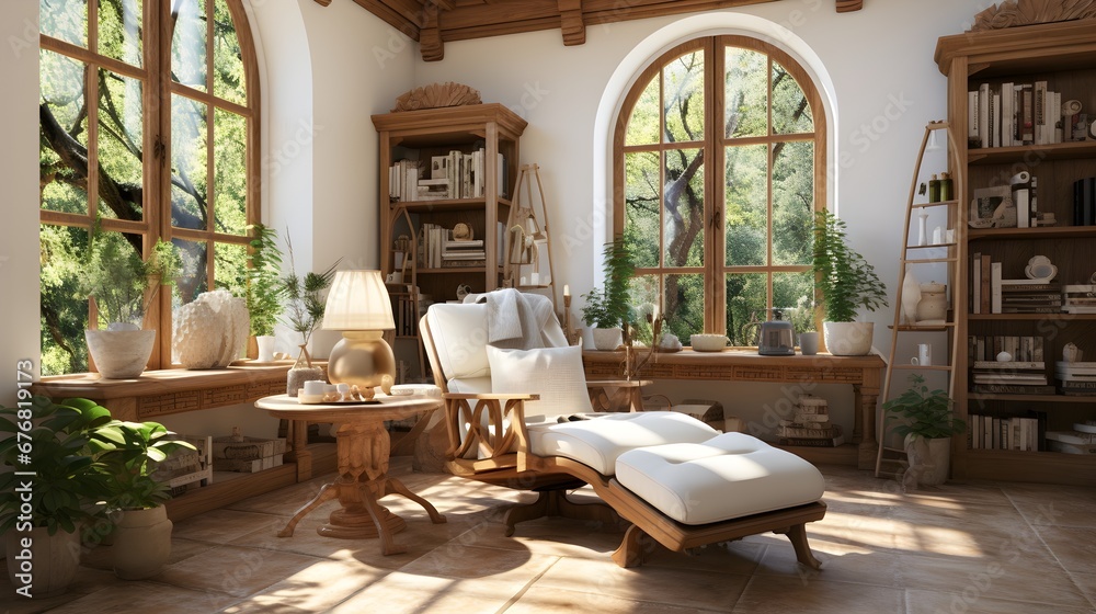 Serene Reading Oasis: Sunlit Therapy Space with Plants and a Bookshelf