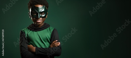 Cute and happy child in a green superhero costume. © Simon