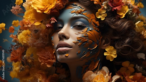 Floral Radiance: Close-Up of a Woman with Colorful Flowers in Her Hair © Armen Y