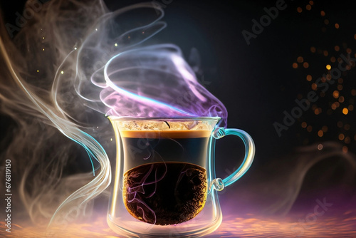 Uma xícara de vidro com café mágico, saindo vapor que circula formando formas abstratas e uma luz colorida de neon vinda debaixo.