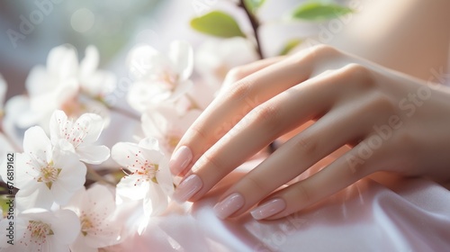 Woman show beautiful nail after receive care service by professional Beautician Manicure at spa centre. Nail beauty salon use nail file for Glazing treatment. manicurist make nail to beautiful. photo