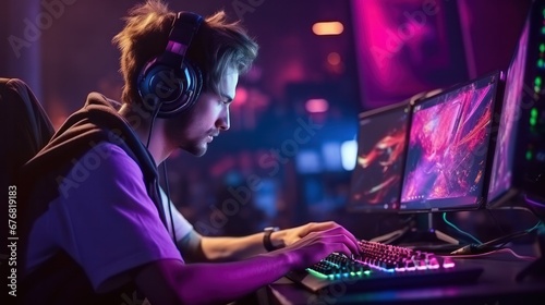 pro gamer man in headphones live streaming while playing online computer game, neon lights, esports, gaming, monitor, play, young, player, internet, enjoyment, cyber,.