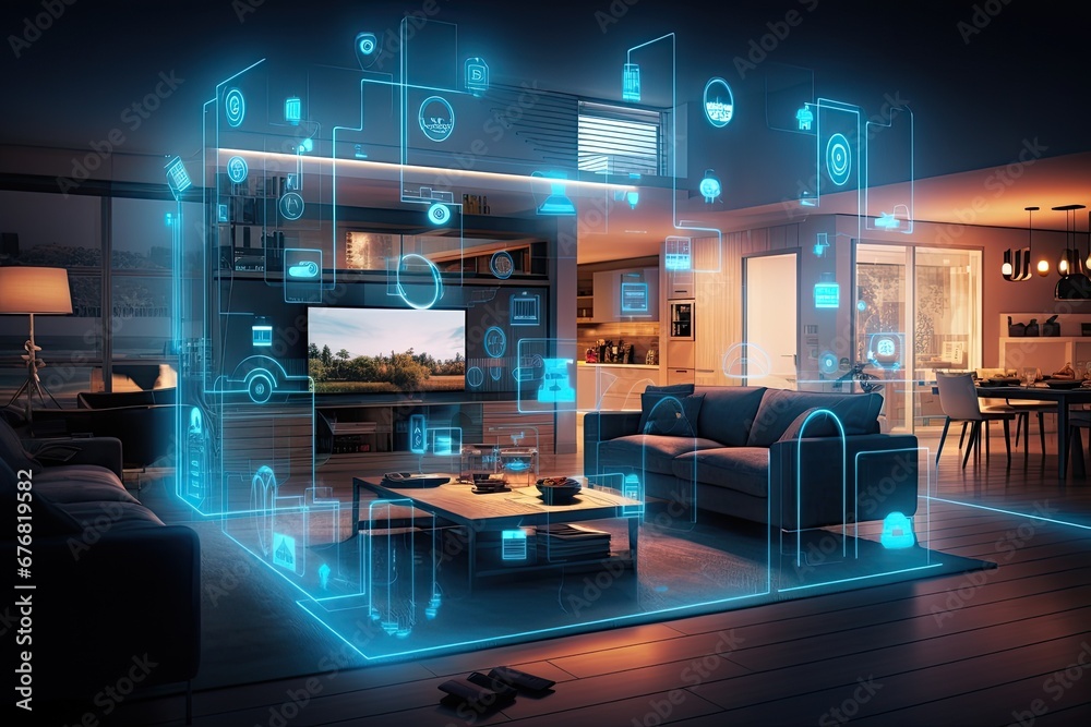 Smart home with virtually connected devices. Technology concept.