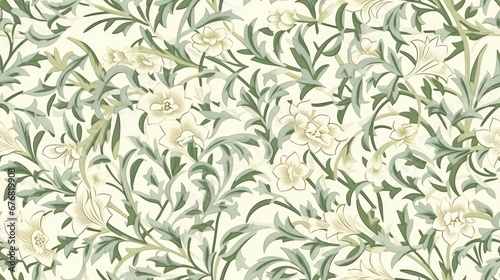  a white and green floral wallpaper with green leaves and flowers on a white background with green leaves and flowers on a white background.  generative ai © Olga
