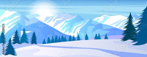 Scenic snowy mountain landscape. Panoramic view. Outdoor tourism activity. Winter time. High peak, steep rock. Adventure climbing and travelling. Frost and cold. Pine forest. Vector illustration