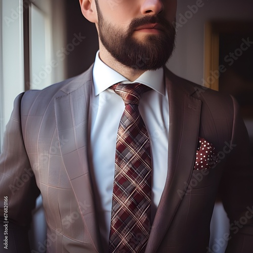 Mężczyzna w brązowym garniturze, białej koszuli i krawacie w kratę