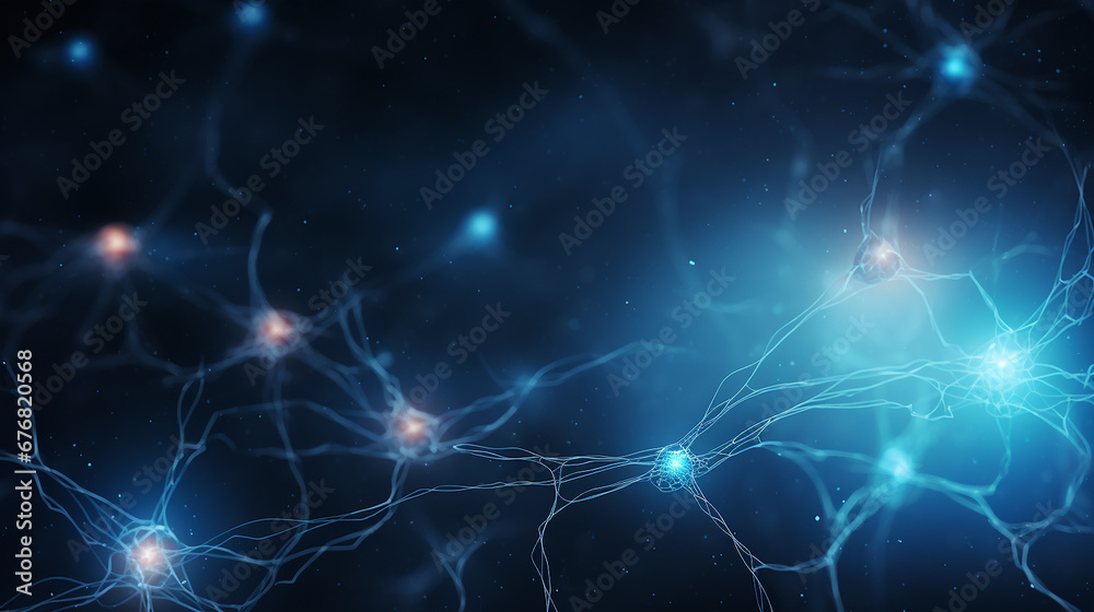 Neuron cells on dark background with blue light and glowing particles 