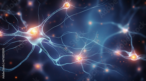 Neuron cells on dark background with blue light and glowing particles 