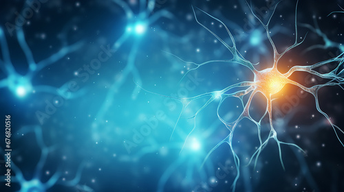Neuron cells on dark background with blue light and glowing particles 
