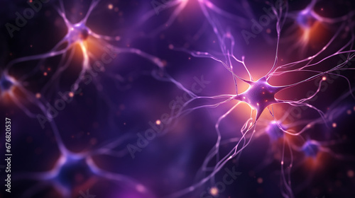 Neuron cells on dark background with purple light and glowing particles 