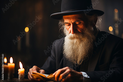 old jewish rabbi with long beard and hat reads the Tanakh, the hebrew bible in a synagogue by candlelight photo