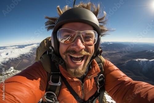 Exhilarated skydiver taking a selfie with a wide-angle camera during a jump, showcasing a vibrant blue sky and distant mountains below