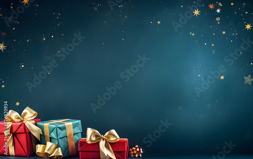 Banner with gift boxes tied velvet ribbons, ribon color and paper decorations on Christmas background © sanjit536