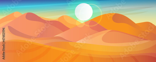 Sahara desert panoramic view, outdoor scenic landscape, arabic sand dune. Summer vacation travel, holiday resort. Yellow and orange color. Panorama horizon, sky and sunset. Vector illustration © GN.STUDIO