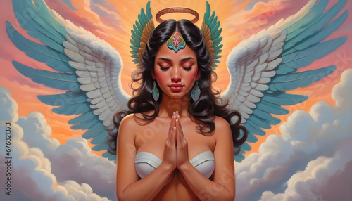 Godddess Mexican Girl Angel Wings Chicano Lowrider Art Street Tattoo Illustration Airbrush Aztec Praying Hands #1 photo
