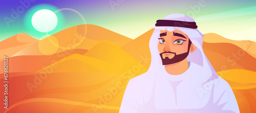Cartoon bedouin portrait in traditional wear standing at sahara desert panoramic view, outdoor scenic landscape, arabic sand dune. Summer vacation travel, holiday resort. Vector illustration