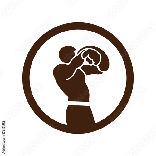 Logo of man icon vector silhouette isolated design in circle bodybuilder, gym concept brown logo