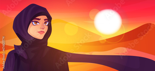 Cartoon bedouin female portrait in traditional hijab wear standing at sahara desert panoramic view with bloody red sunset and sunrise, scenic landscape, arabic sand dune travel. Vector illustration