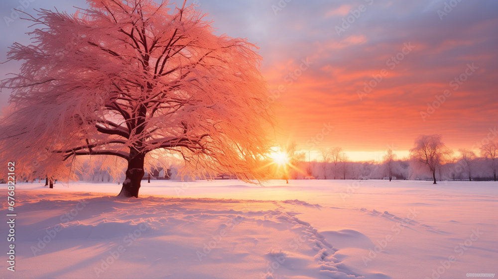 A Serene Sunset in the Snow Park with a Majestic Tree Adorned in Pink Hues, Blanketed by Snow, Creating a Christmas-Inspired Open Space Spectacle A Serene Sunset in the Snow Park with a Majestic Tree Adorned in Pink Hues, Blanketed by Snow, Creating a Christmas-Inspired Open Space Spectacle