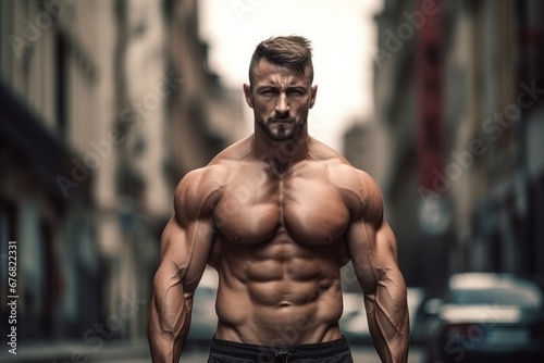 Brutal muscular man in the street, AI generated