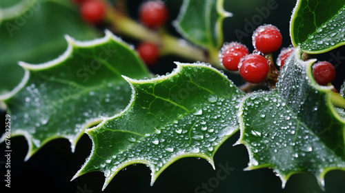 Close up of Crisp Holly Leaves with ice and red berry 