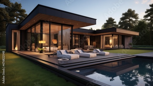 modern dark villa with open plan living and private chair wing with small terrace for relaxation © Onchira