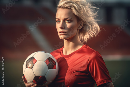 Blonde woman footballer with a red football, AI generated © Mystery