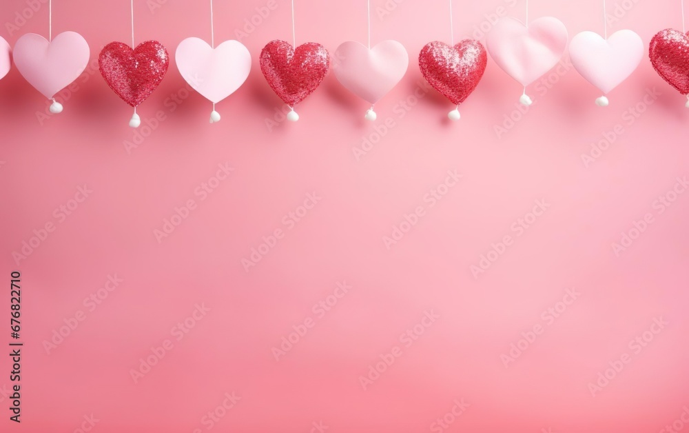 Doll style pink valentines day background with hanging hearts garland, copy space. Valentines day, engagement or wedding party poster. AI Generative