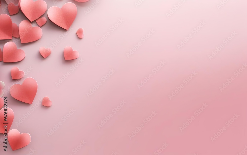 Dusty rose pink background banner with scattered little pink hearts. Copy space at the right, flat lay, top view. Valentines day, engagement or wedding party poster. AI Generative