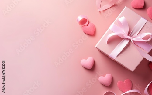 Warm pink background with felt hearts and a gift box, over the shoulder, top view, flat lay, copy space at the left. Valentines day, engagement or wedding party poster. AI Generative