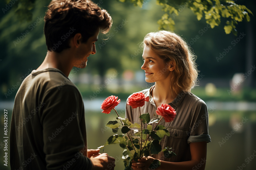 Young man gives flowers bouqet to his girlfriend in the park. Surprised his girlfriend to celebrate special day. Generative AI