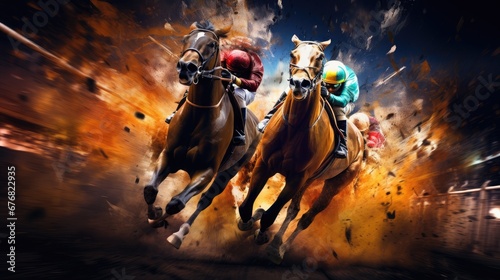 Foto Intense horse race at full gallop. Epic lighting.