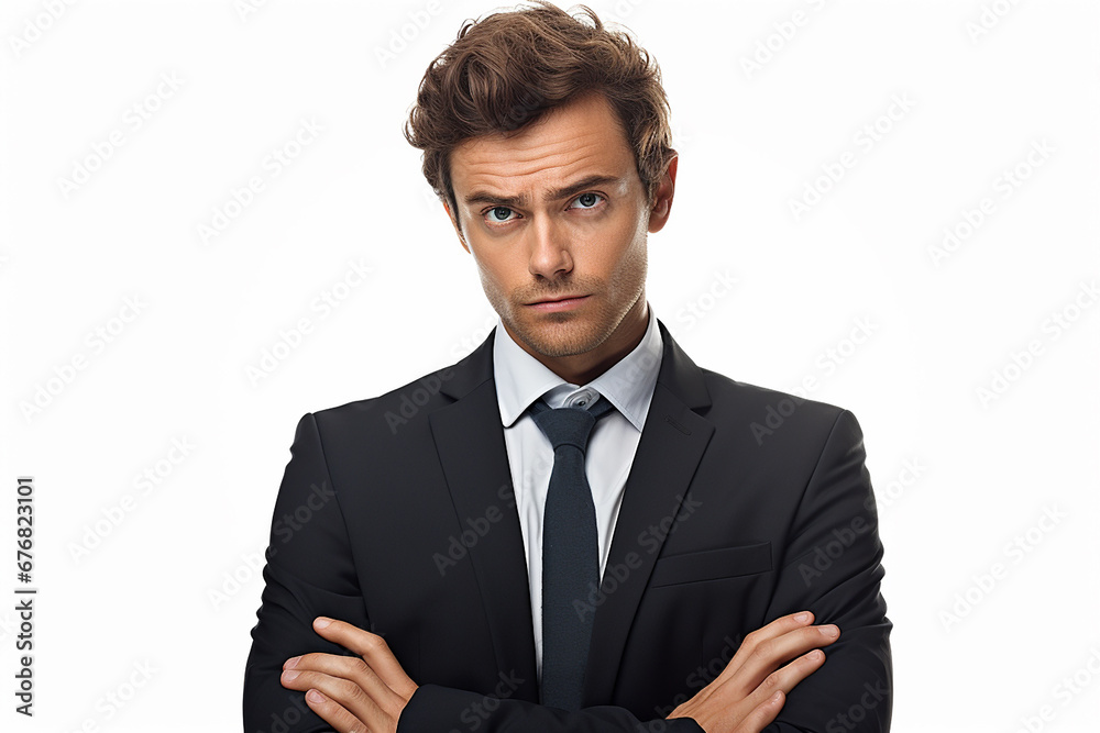 Businessman during serious thinking. Man in suit thinking of problem solution. Making decision about financial and investment. Isolated on white background. Generative AI Businessman during serious thinking. Man in suit thinking of problem solution. Making decision about financial and investment. Isolated on white background. Generative AI