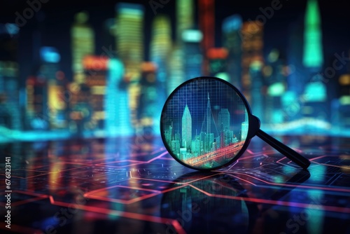 Magnified market insights: Stock market chart magnified within a glass. Stock market, investment, finance and business concept.