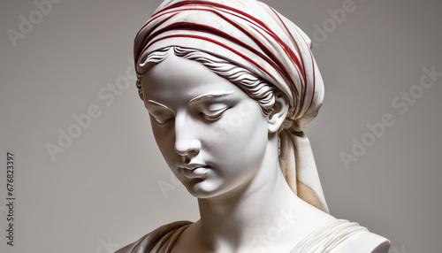 Sculpted Elegance: Greek Mythological Bust with Vibrant Red Blindfold