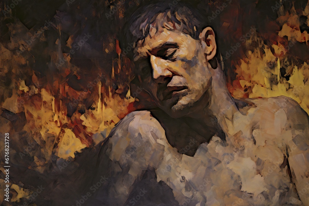 Digital painting of a man in a cave with fire in the background