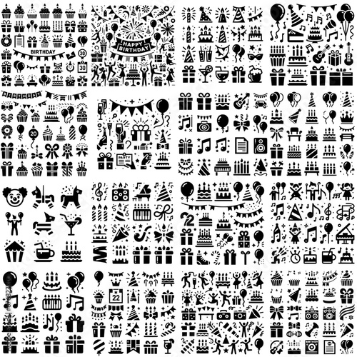 black icons, birthday party, birthday icon pack, happy birthday, icon sheet