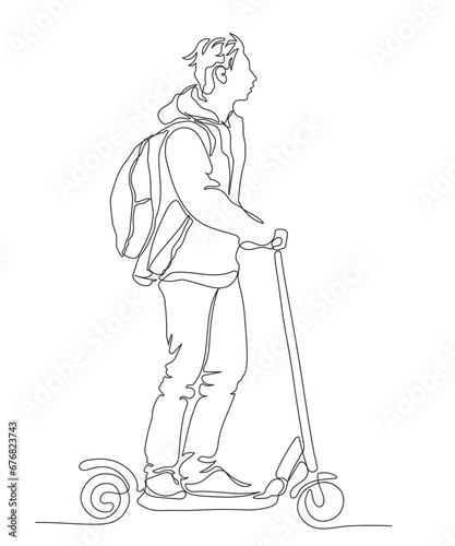 Man with backpack riding push scooter. Wearing jacket with hood. Mobile city transport in new reality. Continuous line drawing. Black and white vector illustration in line art style.